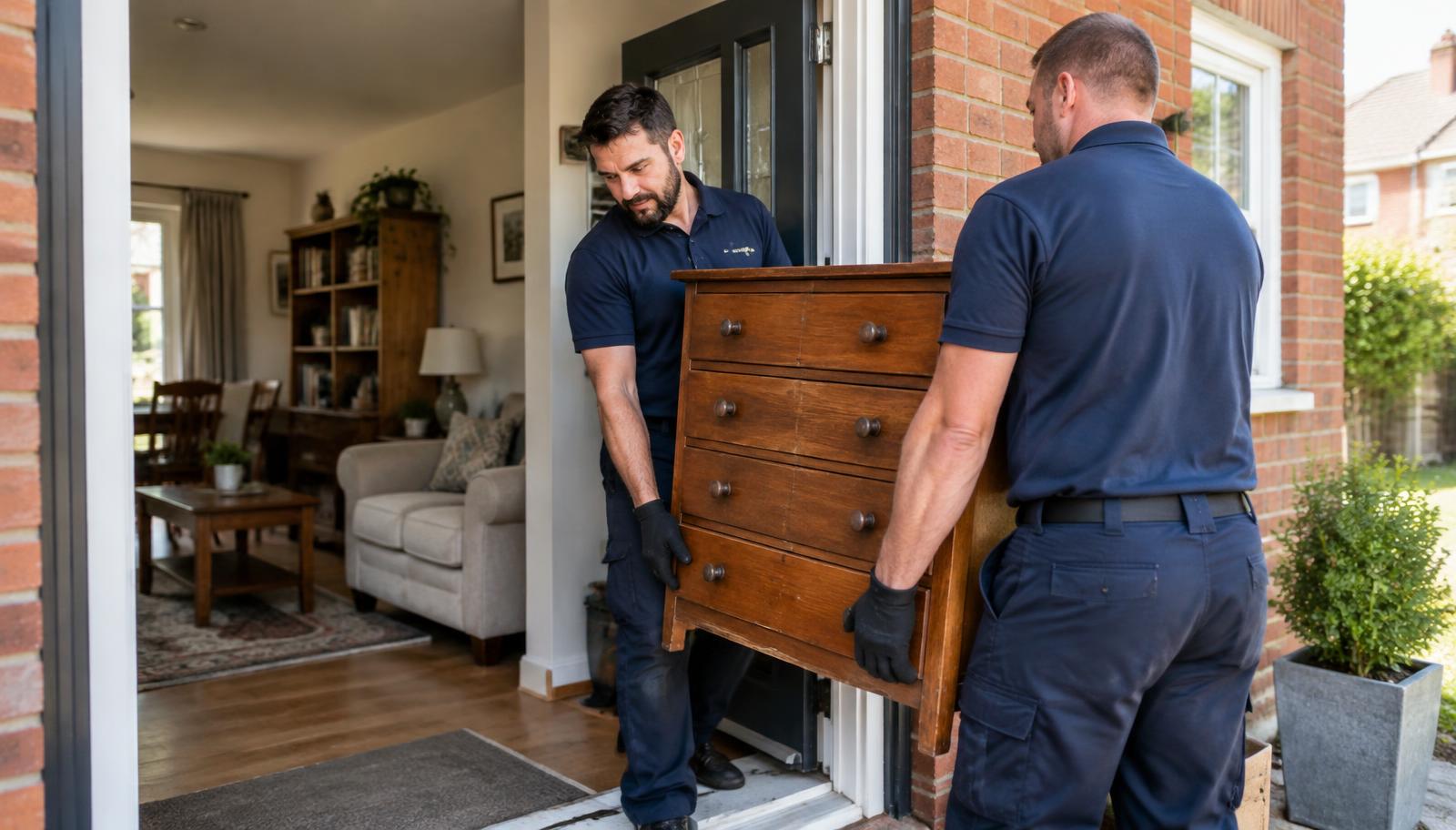 Professional house clearance workers carrying furniture out of a residential house