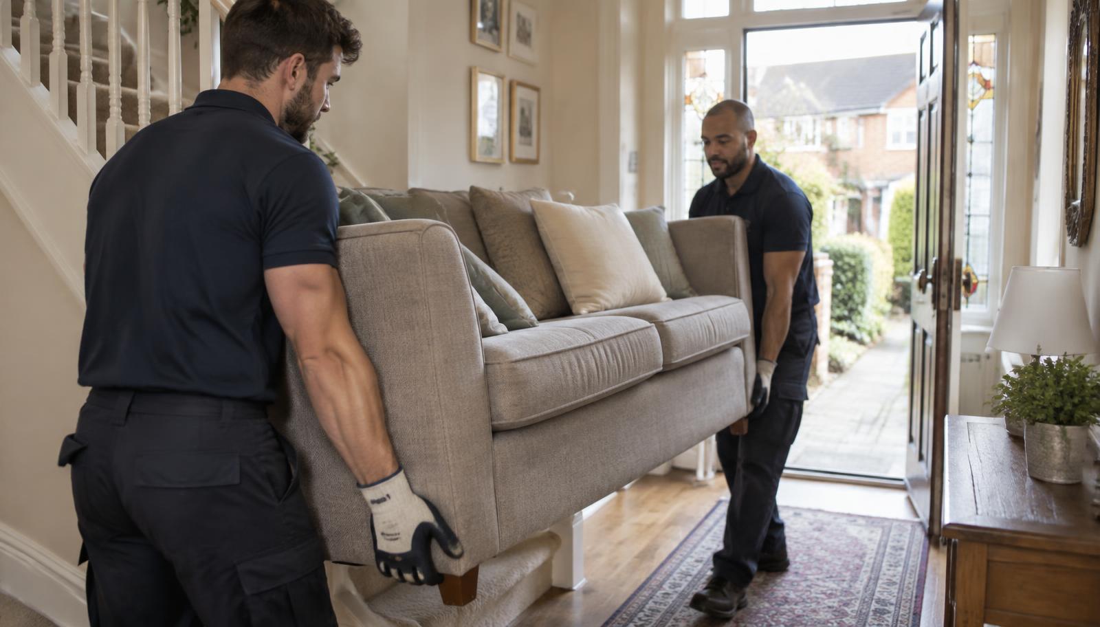 Professional house clearance workers carrying a sofa out of a residential home