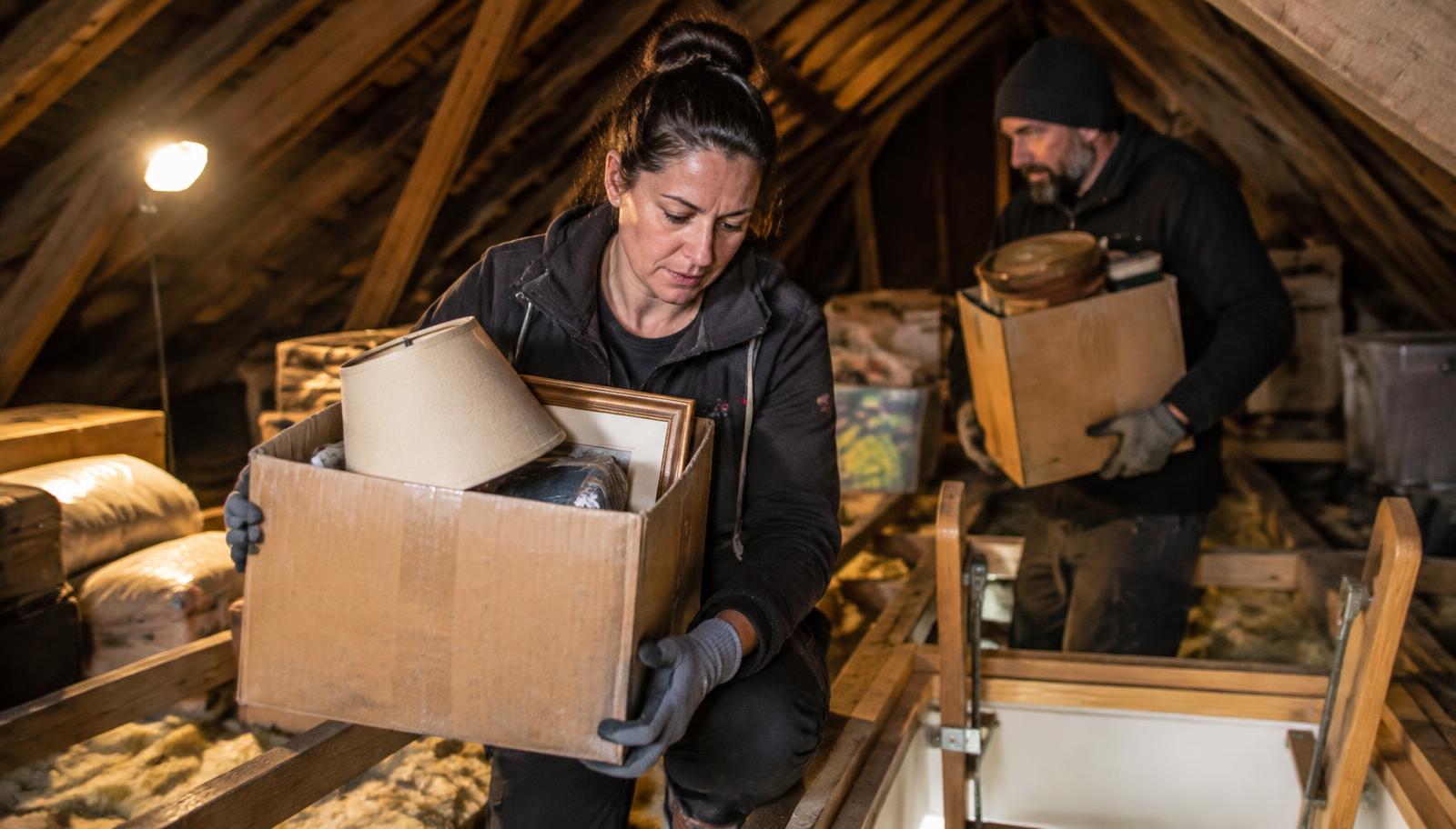 Professional workers clearing boxes and unwanted household belongings from a loft