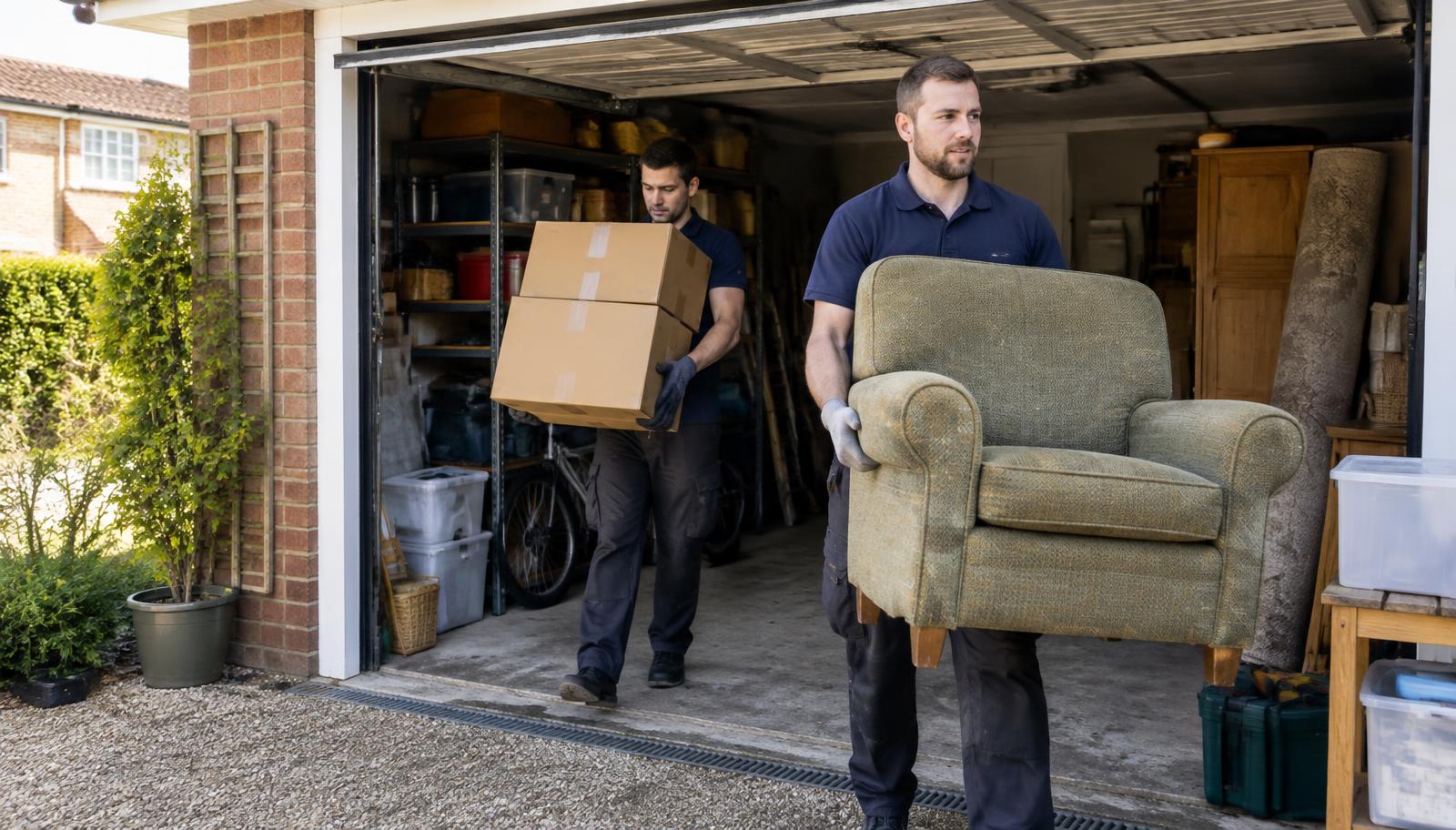 Workers clearing unwanted furniture and boxes from a residential garage
