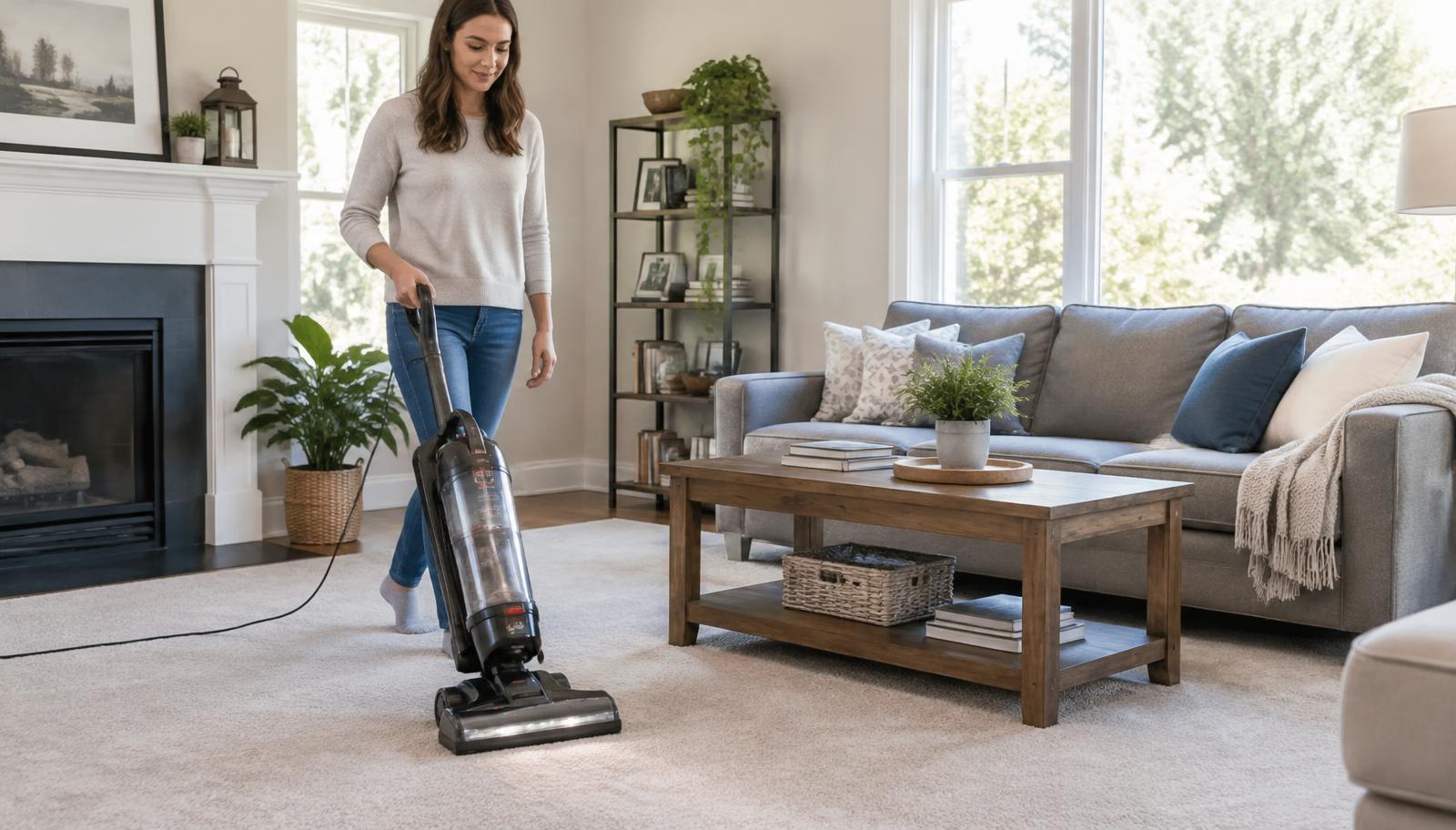 Person vacuuming the carpet of a living room during a domestic clean