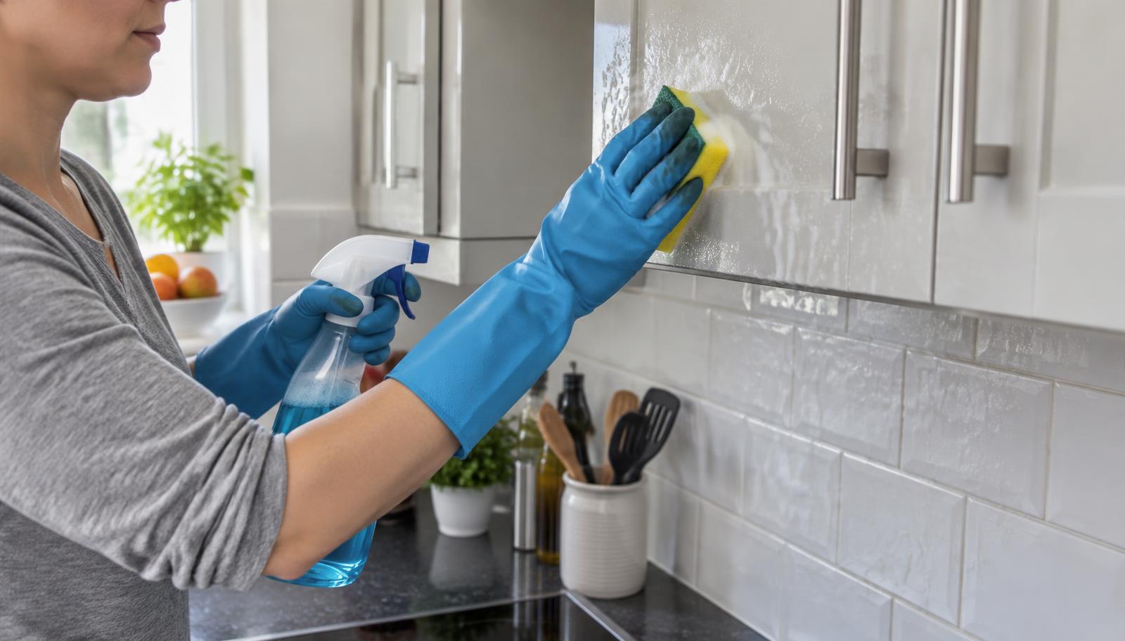 Cleaner wiping kitchen cupboards and splashback tiles during a deep clean